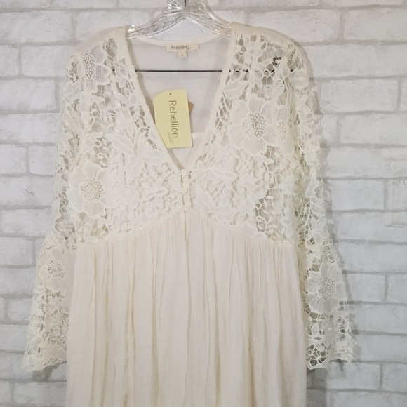Rebellion again daisy crochet boho ivory dress L - Picture 2 of 8